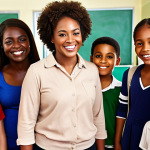 A school social worker smiling warmly, surrounded by diverse children in a bright classroom. The atmosphere is supportive and encouraging, with visible signs of positive change like improved grades and students helping each other. Keywords: school social worker, happy children, classroom, support, positive change.